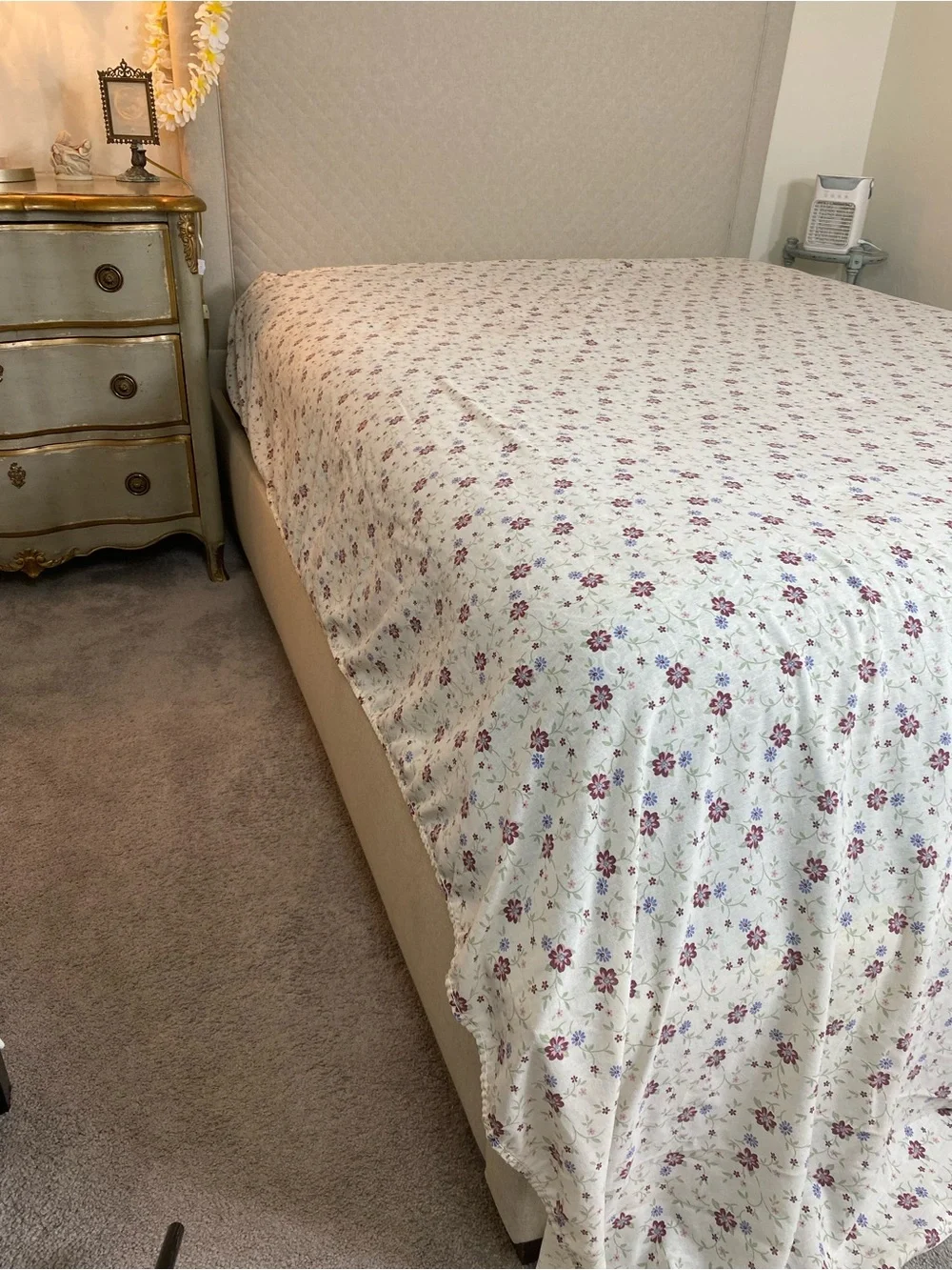 Ivory Floral Cotton Flat Sheet with Burgundy & Blue Blooms 70s Cottagecore